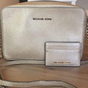 Michael Kors Jet Set Large Gold Metallic Saffiano Leather Crossbody